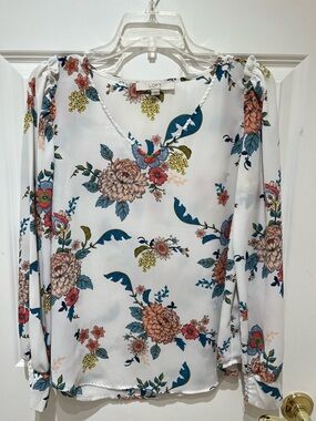 EUC LOFT White Floral V-Neck Long Sleeve Blouse with Teal & Coral Accents
